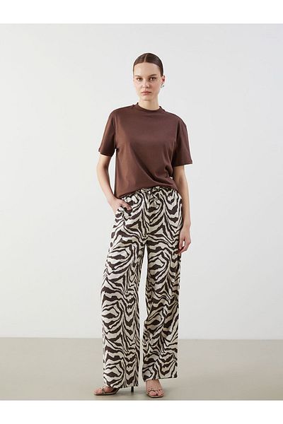LC Waikiki Brown Elastic Waist Patterned Wide Leg Women's Trousers
