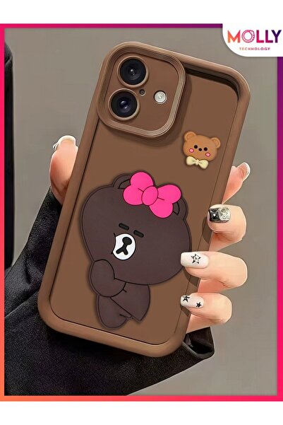 Molly iPhone 16 İçin Fallow Brown Kenarları Kalın 3d Kabartmalı Alice Bear Si...
