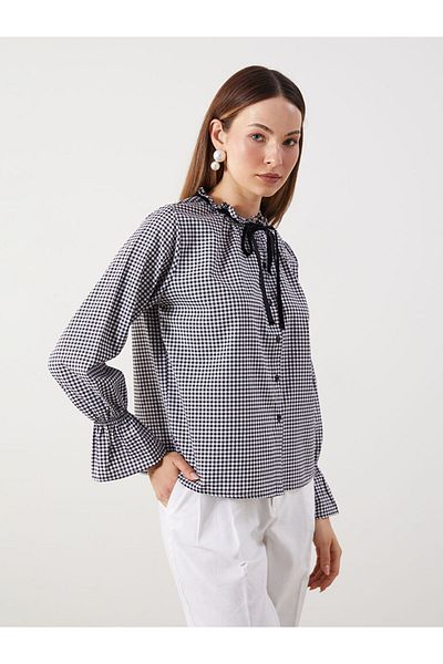 LC Waikiki Tie Collar Plaid Buttoned Blouse