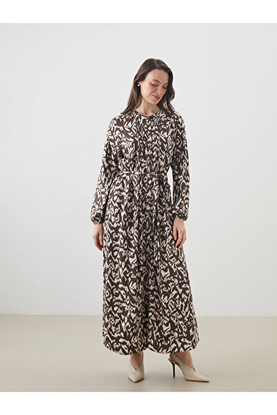 LC Waikiki Brown Crew Neck Patterned Belted Shirt Dress