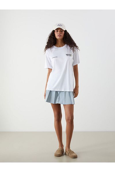 LC Waikiki Tricou de damă cu imprimeu alb cu decolteu rotund XSIDE