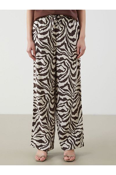 LC Waikiki Brown Elastic Waist Patterned Wide Leg Women's Trousers