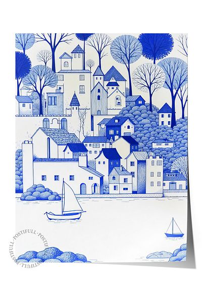 Postifull Frameless Wall Poster, Sea and House Landscape, Illustration, Blue Color Poster, 2025 Summer Selection, N