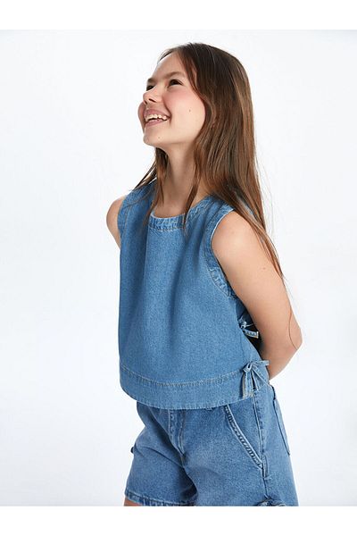 LC Waikiki Indigo Bow Detailed Girl's Crop Jean Blouse