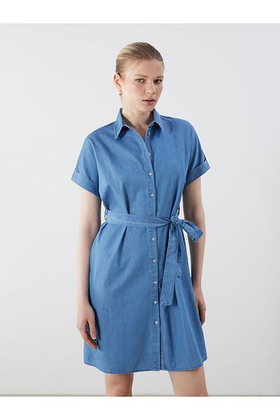 LC Waikiki Indigo Shirt Collar Belted Jean Dress