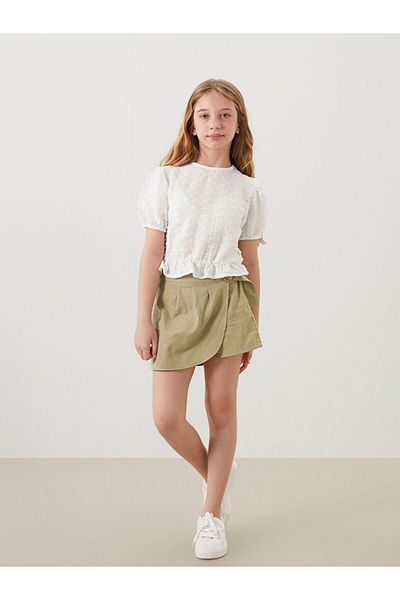 LC Waikiki Ecru Crew Neck Ruffle Detailed Girl's T-Shirt