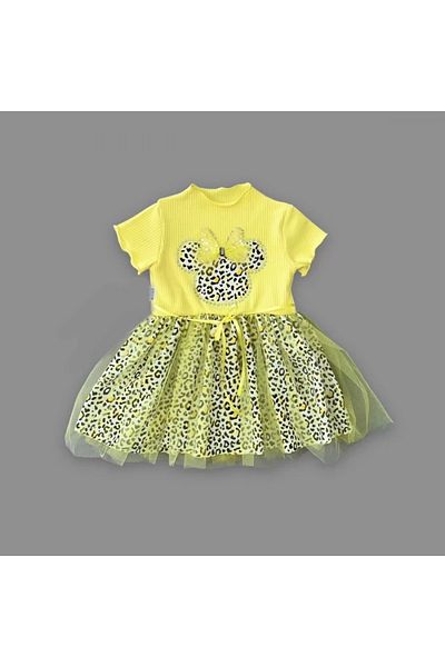 ALFA AKSESUAR 03 1-2-3 Years Old Bow Mickey Lined Baby Girl Tutu Dress with Skirt Yellow