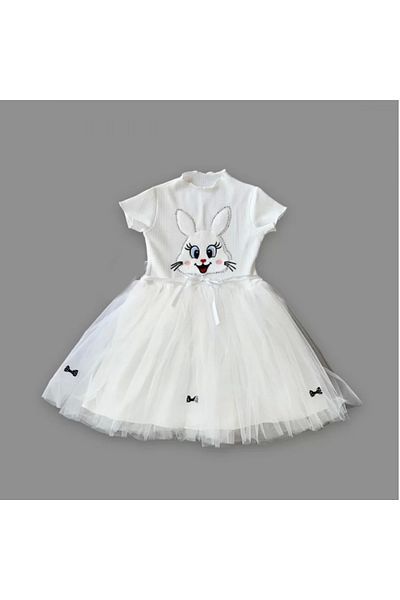 ALFA AKSESUAR 03 5-6-7 Years Old Sequined Rabbit Printed Girl's Dress White