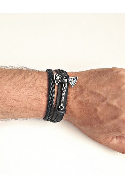 BSN Store Fashionable 2-Piece Design Genuine Leather Bracelet with Valknut Axe Figure