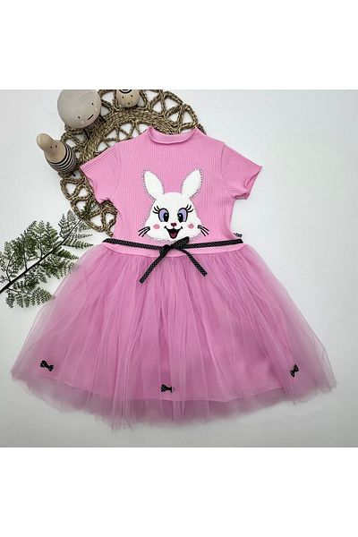 ALFA AKSESUAR 03 5-6-7 Years Old Sequined Rabbit Printed Girl's Dress Pink