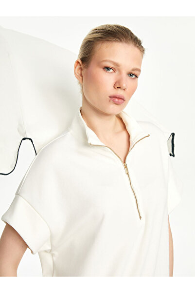 LC Waikiki Ecru Stand Collar Oversize Women's T-Shirt