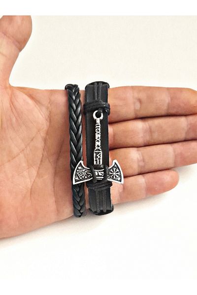 BSN Store Fashionable 2-Piece Design Genuine Leather Bracelet with Valknut Axe Figure