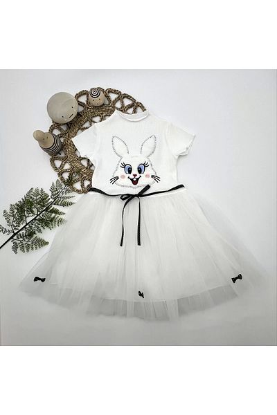 ALFA AKSESUAR 03 5-6-7 Years Old Sequined Rabbit Printed Girl's Dress White