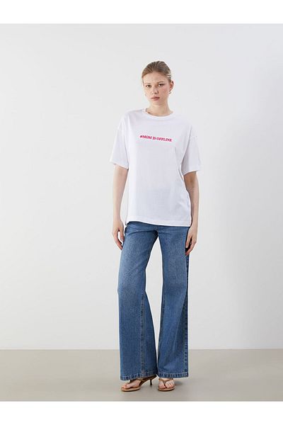 LC Waikiki White Crew Neck Printed Oversize Women's T-Shirt