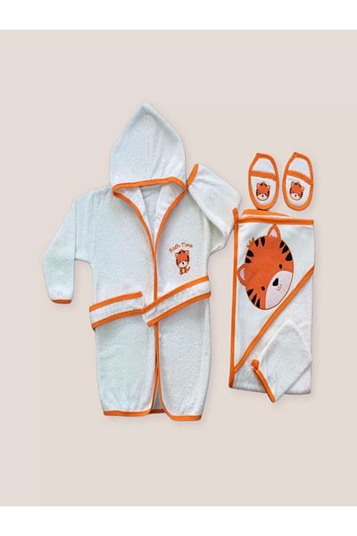 ALFA AKSESUAR 03 0-6 Months 5-Piece Baby Boy Towel and Duster Set with Tiger Embroidered Bathrobe Orange
