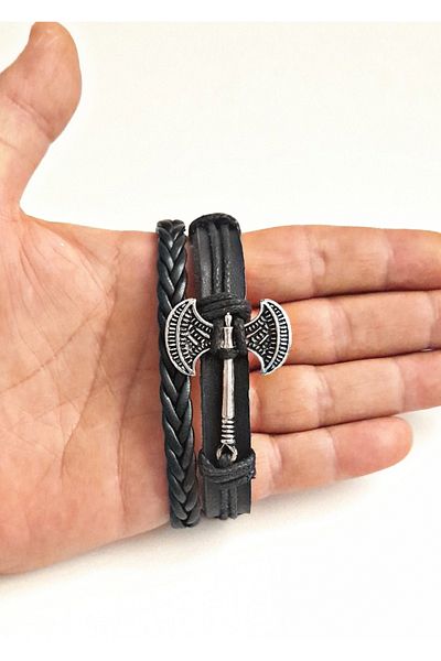 BSN Store Double Sided Fashion Ax Design 2-Pack Genuine Leather Bracelets
