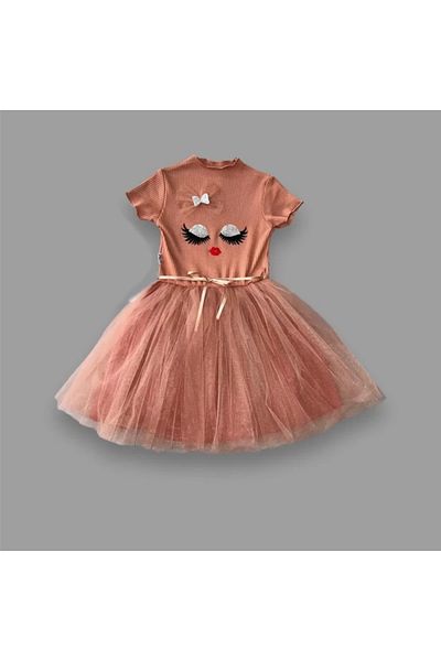 ALFA AKSESUAR 03 5-6-7 Years Old Sequined Fancy Face Printed Girl's Dress Brown