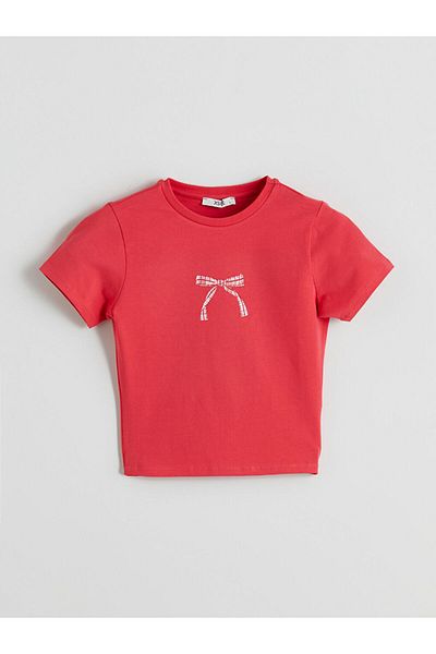 LC Waikiki Xside Red Crew Neck Ribbon Printed Crop