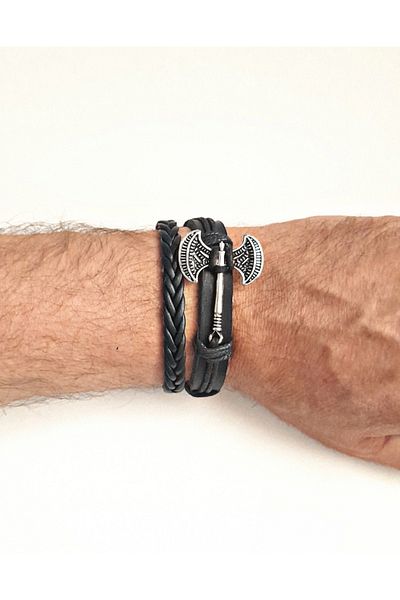 BSN Store Double Sided Fashion Ax Design 2-Pack Genuine Leather Bracelets