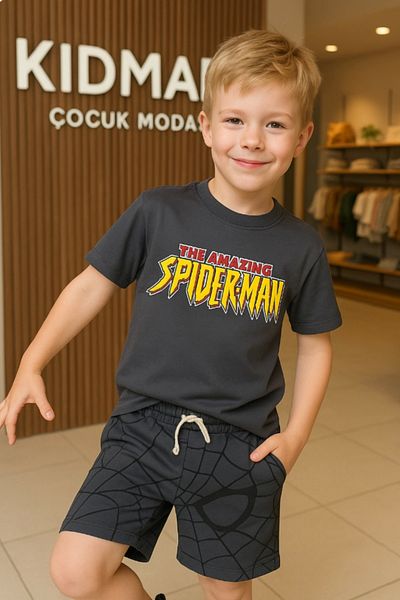 Kidmark Çocuk Modası Boy's Spiderman Printed 100% Cotton Summer Suit