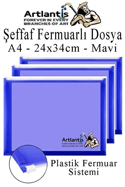 Artlantis A4 Şeffaf Fermuarlı Dosya Mavi 3 Adet Pvc Fermuarlı Evrak Dosyası 2...