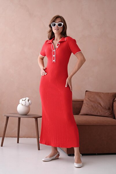 Noi Belis Rochie subțire de vară, roșie, lungă, cu guler polo și detalii cu n...