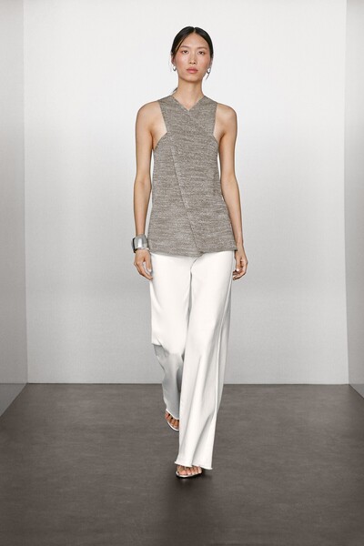 Massimo Dutti Keten karışımlı kruvaze halter yaka top