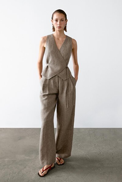 Massimo Dutti Çift pensli %100 keten pantolon