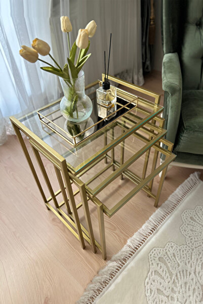 AGA KONSEPT 3'lü GOLD Rana Sehpa, Şeffaf Camlı, Çok Amaçlı Zigon Sehpa, Yan S...