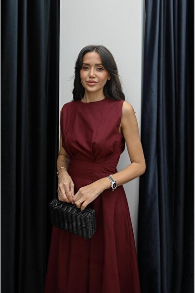 Havoş Burgundy Colored Trousers Detailed Waist Seat Linen Dress