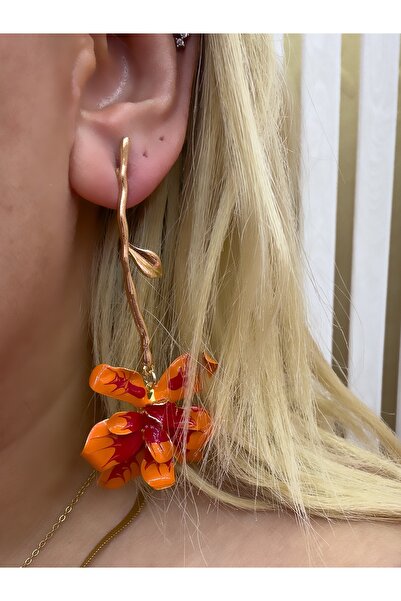 Hicrans Takı Orange Imported Earrings with Flower Handle
