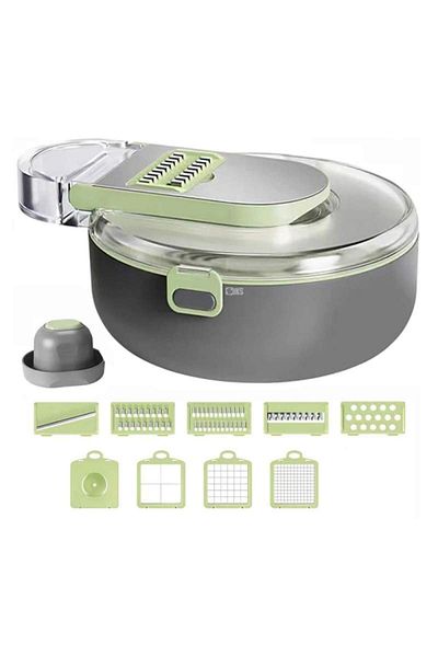 SIKS 9-in-1 Vegetable and Fruit Slicer, Hand Protection, Stainless Steel Blade, Gray/Green