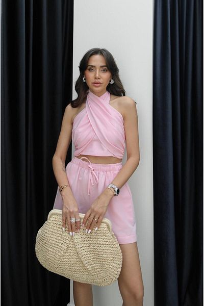 Havoş Pink Shorts Tie Blouse Linen Suit