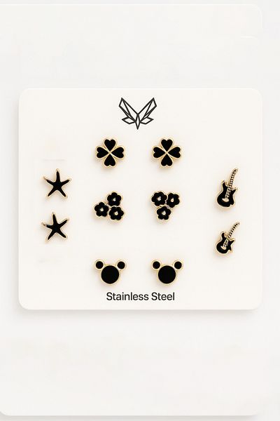 MakeWell Clover Starfish Guitar Teddy Bear Starfish Flower Design Black Color Steel Screw Earrings Set