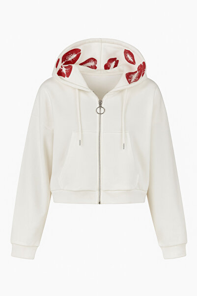 Bluff Büyük beden yazlık öpücük baskılı beyaz crop hırka