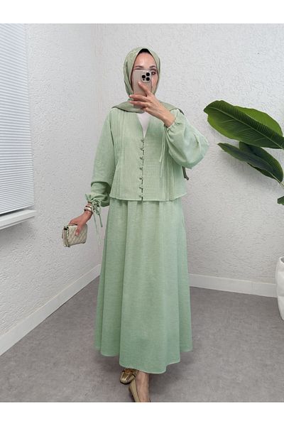 Modamorfo Sleeve Tie-Up Front Buttoned Skirt Suit -A.Green