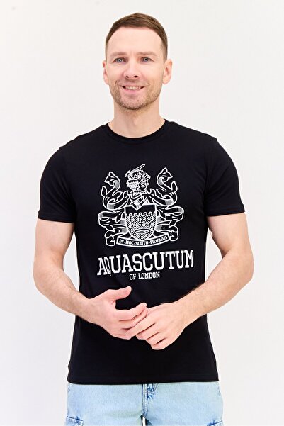 Aquascutum تي شيرت رجالي بطبعة جرافيكية بأكمام قصيرة ورقبة دائرية، أسود
