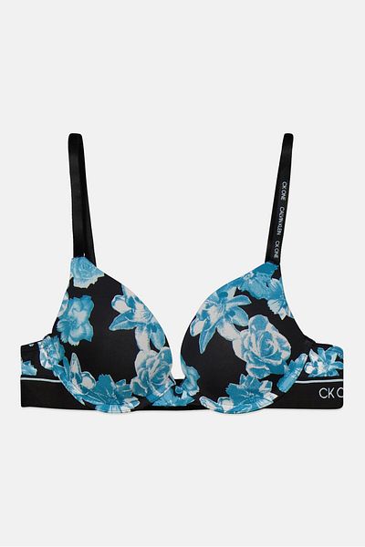 Calvin Klein Women Floral Push Up Padded Plunge Bra, Black Combo