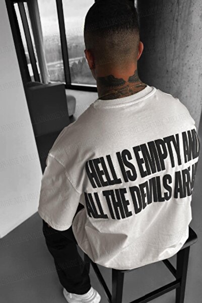 Tarzsokak Salas oversize pentru bărbați Hell & Devil Fluffy Print Ecru Crew Neck