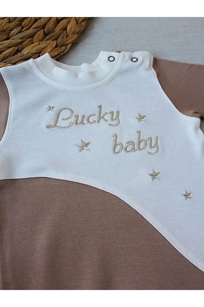 ALFA AKSESUAR 03 0-3 3-6 Months Lucky Baby Embroidered Lined Hat Baby Boy Romper Brown