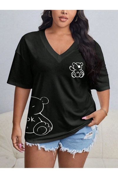 Tarzsokak Women / Girls V-Neck Plain & Printed Black / White Oversize T-Shirt...