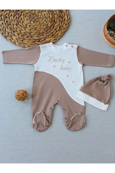 ALFA AKSESUAR 03 0-3 3-6 Months Lucky Baby Embroidered Lined Hat Baby Boy Romper Brown