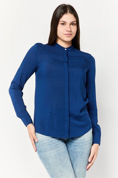 Harmont & Blaine Women Mock Neck Long Sleeves Plain Blouse, Navy