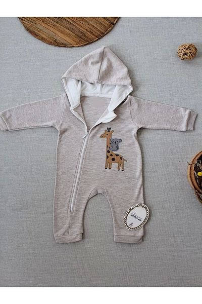 ALFA AKSESUAR 03 6-9 9-12 Months Ef Line Size Zippered Giraffe Embroidered Hooded Baby Girl and Boy Jumpsuit Brown