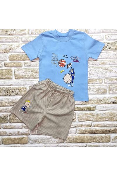 ALFA AKSESUAR 03 1-2-3 Year Old Artillery Boy's Printed Short Sleeve T-shirt with Shorts 2-Piece Baby Boy Set Blue