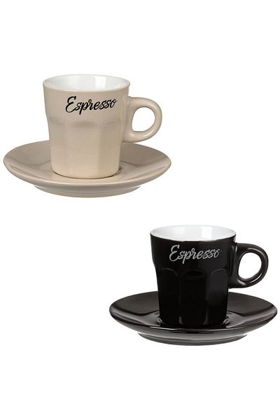 ABYZ Set de cești de cafea ceramice cu model negru bej și farfurie 80ml - 2 buc