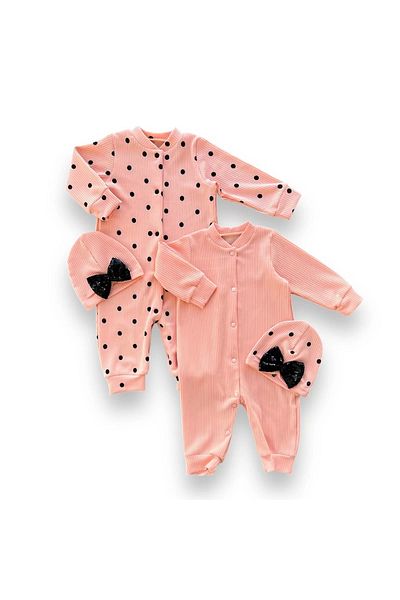 ALFA AKSESUAR 03 0-3 3-6 6-9 Months Sequined Hat with Snap Closure, Polka Dots and Plain 2-Piece Combination Baby Girl Overalls Salmon