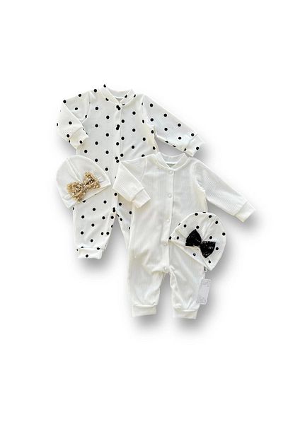 ALFA AKSESUAR 03 0-3 3-6 6-9 Months Sequined Hat with Snap Closure Polka Dot and Plain 2-Piece Combination Baby Girl Overalls White