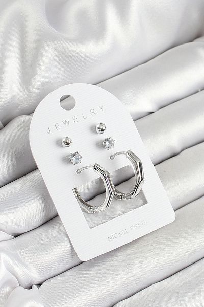 Skygo Brass Zircon Stone and Bone Ring Figured Silver Color 3-Piece Double Women's Earring Set - Tj-Bkp10648