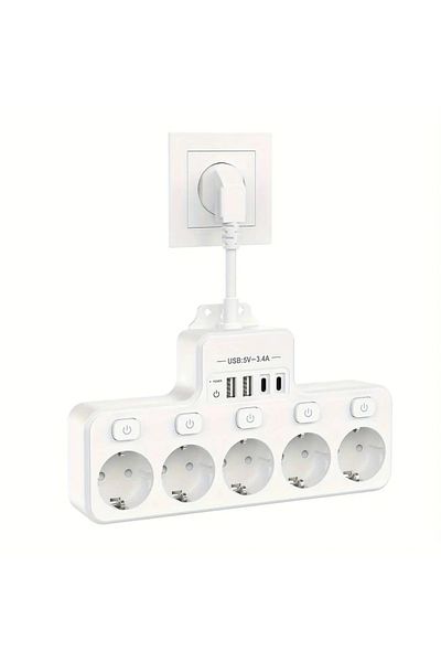 miraza Priza multifunctionala, 5 x Prize 4000W, 2 x USB-C PD, 2 x USB, Intrerupator Individual, Ignifuga, P